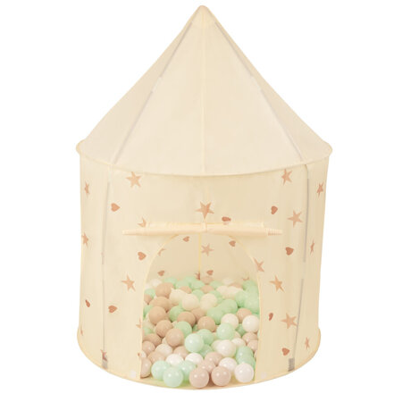 Tente de Jeu Pour Enfants Château Maison de Jeu En Forme De Pavillon De Jeu Avec Balles Pliable Tente Pop-Up Enfant Motifs D'Étoiles Et De Cœurs, Beige Clair:  Beige Pastel/ Blanc/ Menthe