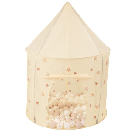 Tente de Jeu Pour Enfants Château Maison de Jeu En Forme De Pavillon De Jeu Avec Balles Pliable Tente Pop-Up Enfant Motifs D'Étoiles Et De Cœurs, Beige Clair:  Beige Pastel/ Blanc/ Perle