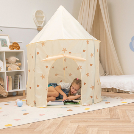 Tente de Jeu Pour Enfants Château Maison de Jeu En Forme De Pavillon De Jeu Avec Balles Pliable Tente Pop-Up Enfant Motifs D'Étoiles Et De Cœurs, Beige Clair:  Beige Pastel/ Blanc/ Perle