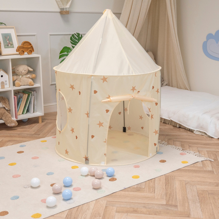 Tente de Jeu Pour Enfants Château Maison de Jeu En Forme De Pavillon De Jeu Avec Balles Pliable Tente Pop-Up Enfant Motifs D'Étoiles Et De Cœurs, Beige Clair:  Beige Pastel/ Bleu Pastel/ Blanc