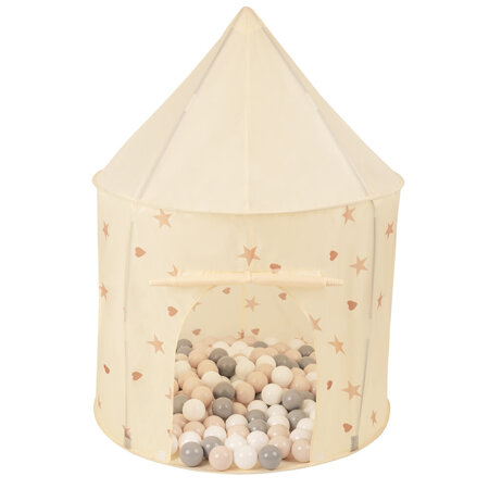 Tente de Jeu Pour Enfants Château Maison de Jeu En Forme De Pavillon De Jeu Avec Balles Pliable Tente Pop-Up Enfant Motifs D'Étoiles Et De Cœurs, Beige Clair:  Beige Pastel/ Gris/ Blanc