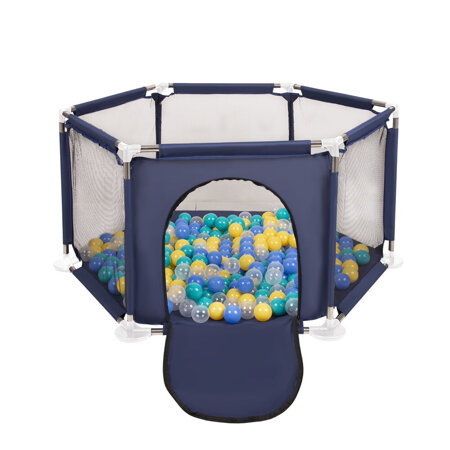 parc bébé hexagonal pliable avec balles plastiques, Bleu: Turquoise/ Bleu/ Jaune/ Transparent