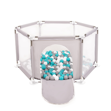 parc bébé hexagonal pliable avec balles plastiques, Gris: Gris/ Blanc/ Turquoise