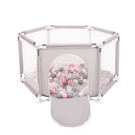 parc bébé hexagonal pliable avec balles plastiques, Gris: Perle/ Gris/ Transparent/ Rose Poudré