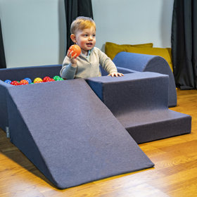 KiddyMoon Aire De Jeux en Mousse avec Carré Piscine À Balles pour Enfants, Bleu Foncé: Blanc/ Gris/ Menthe