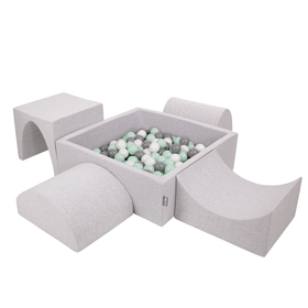 KiddyMoon Aire De Jeux en Mousse avec Carré Piscine À Balles pour Enfants, Gris Clair:  Blanc/ Gris/ Menthe