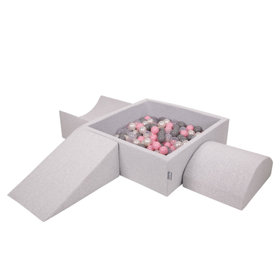 KiddyMoon Aire De Jeux en Mousse avec Carré Piscine À Balles pour Enfants, Gris Clair:  Perle/ Gris/ Transparent/ Rose Poudré