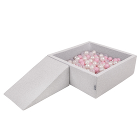 KiddyMoon Aire De Jeux en Mousse avec Carré Piscine À Balles pour Enfants, Gris Clair:  Rose Poudré/ Perle/ Transparent