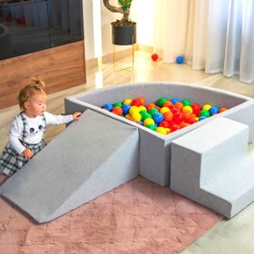 KiddyMoon Aire De Jeux en Mousse avec Quart Angulaire Piscine À Balles pour Bébé, Gris Clair:  Blanc/ Gris/ Menthe