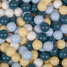 KiddyMoon Balles Colorées Plastique 7cm pour Piscine Enfant Bébé Fabriqué en EU,  Turquoise Foncé/ Bleu Pastel/ Jaune Pastel/ Blanc