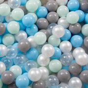 KiddyMoon Balles pour Piscine Colorées 6cm Plastique Enfant Bébé Fabriqué en EU, Perle/ Gris/ Transparent/ Baby Blue/ Menthe