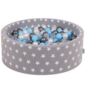 KiddyMoon Piscine à Balles 7Cm pour Bébé Rond Fabriqué En UE, Étoiles Blanc-Gris: Transp/ Argenté/ Perle/ Babyblue