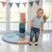 KiddyMoon blocs mous pour bébé cubes de construction en mousse housse velours, Cubes:  Bleu Lagune-Bleu Glacier-Gris De Montagnes