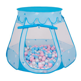 Tente Château Avec Les Balles Plastiques Piscine à Balles Pour Enfants, Bleu:  Babyblue-Rose Poudré-Perle
