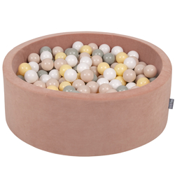 KiddyMoon Velours Piscine à Balles ∅7Cm pour Bébé Rond Fabriqué en EU, rose des sables: beige pastel/vert de gris/jaune pastel/blanc, 90x30cm/200 balles