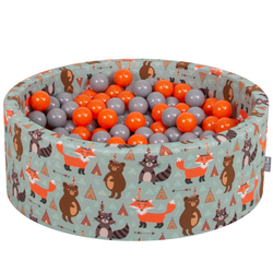 KiddyMoon Piscine à Balles ∅ 7Cm pour Bébé Rond Fabriqué En UE, renard-vert:orange/gris, 90x30cm/200 balles
