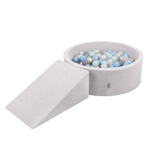 KiddyMoon Aire De Jeux en Mousse avec Rond Piscine à Balles pour Enfants, gris clair: perle/gris/transparent/babyblue/menthe, Piscine (200 Balles) + Pente