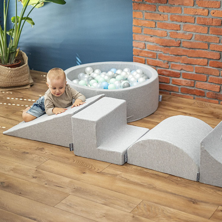 KiddyMoon Aire De Jeux en Mousse avec Quart Angulaire Piscine À Balles pour Bébé, gris clair: perle/gris/transparent/rose poudré, Piscine (200 Balles) + Version 6