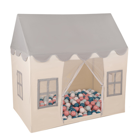 KiddyMoon Tente de Jeux Pour Enfants Maison En Forme De Pavillon Maison Pliable Cabane Enfant Espace Créatif Et Confortable Pour Jouer Intérieur Et Extérieur, blanc-gris: turquoise foncé/beige pastel/vert de gris/saumon, 200 Balles