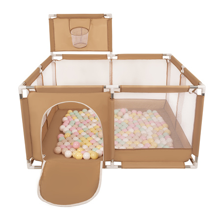 parc bébé avec balles plastiques aire de jeu pliable basket, beige : beige pastel/jaune pastel/blanc/menthe/rose poudré, 400 balles