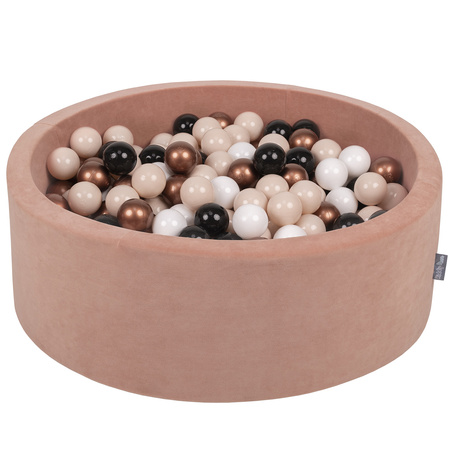 KiddyMoon Velours Piscine à Balles ∅7Cm pour Bébé Rond Fabriqué en EU, rose des sables: beige pastel/cuivre/blanc/noir, 90x30cm/200 balles