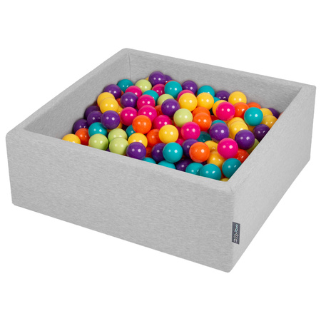 KiddyMoon Piscine à Balles ∅ 7Cm pour Bébé Carré Fabriqué En UE, gris clair:v clair/jaune/turq/orange/rose/violet, 90x30cm/200 balles