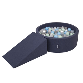 KiddyMoon Aire De Jeux en Mousse avec Rond Piscine à Balles pour Enfants, bleu foncé:perle/gris/transparent/babyblue/menthe, Piscine (200 Balles) + Pente