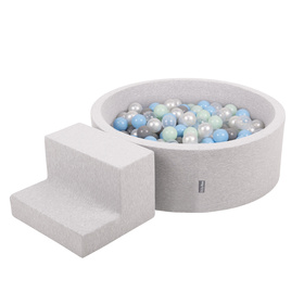 KiddyMoon Aire De Jeux en Mousse avec Rond Piscine à Balles pour Enfants, gris clair: perle/gris/transparent/babyblue/menthe, Piscine (100 Balles) + Marches