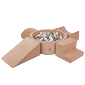 KiddyMoon Aire Velvet De Jeux en Mousse avec Rond Piscine à Balles pour Enfants, rose des sables: beige pastel/gris/blanc, Piscine (200 Balles) + Version 5