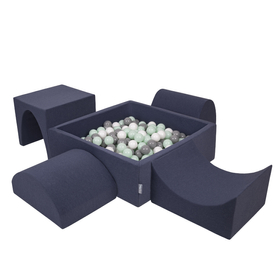 KiddyMoon Aire De Jeux en Mousse avec Carré Piscine À Balles pour Enfants, bleu foncé:blanc/gris/menthe, Piscine (200 Balles) + Version 1
