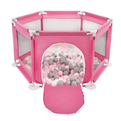 parc bébé hexagonal pliable avec balles plastiques, Rose:perle/gris/transparent/rose poudré, 100 balles