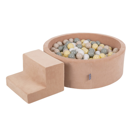 KiddyMoon Aire Velvet De Jeux en Mousse avec Rond Piscine à Balles pour Enfants, rose des sables: pastel beige/gris de vert/jaune pastel/blanc, Piscine (200 Balles)+ Marches