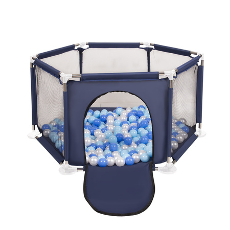 parc bébé hexagonal pliable avec balles plastiques, Bleu:babyblue/bleu/perle, 200 balles