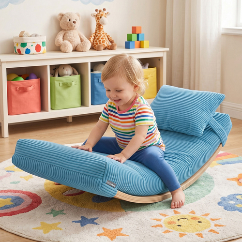 KiddyMoon Matelas avec Oreiller Set pour Planche D'équilibre Housse Amovible en Tissu Côtelé, bleu,