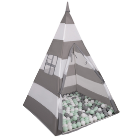 Tipi Tente de Jeu avec Balles Maison de Jeu pour Enfants, grises et blanches rayures: blanc/gris/menthe, 200 Balles