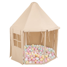 KiddyMoon Tente de Jeu Maison Pour Enfants En Forme De Pavillon De Jeu Pliable Tente Pop-Up Espace De Jeu Spacieux Et Confortable En Intérieur Et Extérieur, naturel: beige pastel/jaune pastel/blanc/menthe/rose poudré, 200 Balles