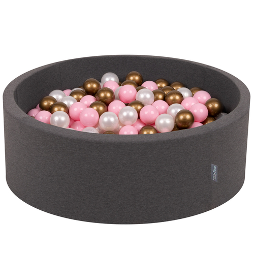 KiddyMoon Piscine à Balles ∅ 7Cm pour Bébé Rond Fabriqué En UE, gris foncé:rose poudre/perle/or, 90x30cm/300 balles