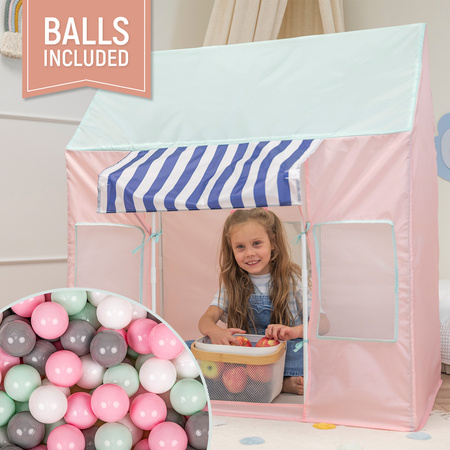 Tente de Jeu Pour Enfants De Magasin De Glaces Forme De Pavillon Pliable En Matériau Respirant Et Résistant Idéal Pour Stimuler La Créativité Intérieur Et Extérieur, rose-menthe: blanc/gris/menthe/rose poudré, 100 Balles
