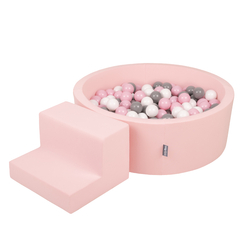 KiddyMoon Aire De Jeux en Mousse avec Rond Piscine à Balles pour Enfants, rose:blanc/gris/rose poudré, Piscine (100 Balles) + Marches