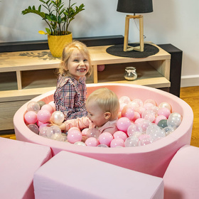 KiddyMoon Aire De Jeux en Mousse avec Rond Piscine à Balles pour Enfants, rose: beige pastel/rose poudré/perle, Piscine (100 Balles)+ Pente