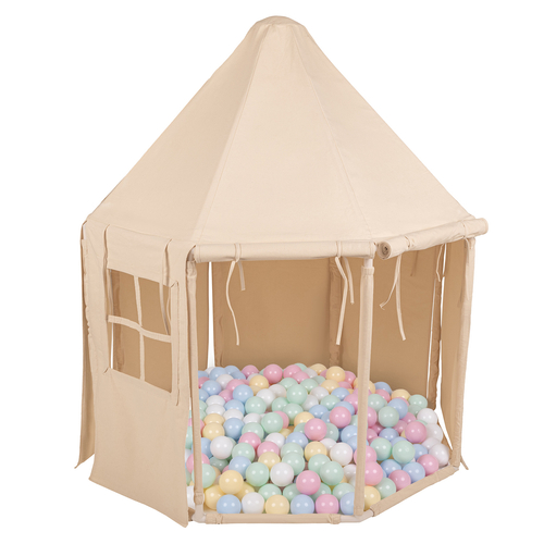 KiddyMoon Tente de Jeu Maison Pour Enfants En Forme De Pavillon De Jeu Pliable Tente Pop-Up Espace De Jeu Spacieux Et Confortable En Intérieur Et Extérieur, naturel:bleu pastel/jaune pastel/blanc/menthe/rose poudré, 200 Balles