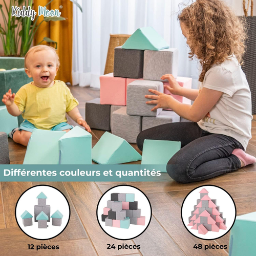 KiddyMoon blocs mous pour bébé cubes de construction en mousse housse velours, cubes: beige sableux/rose des sables, 24 Pieces