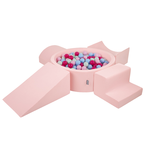 KiddyMoon Aire De Jeux en Mousse avec Rond Piscine à Balles pour Enfants, rose: rose poudré/rose foncé/babyblue/menthe, Piscine (300 Balles) + Version 5