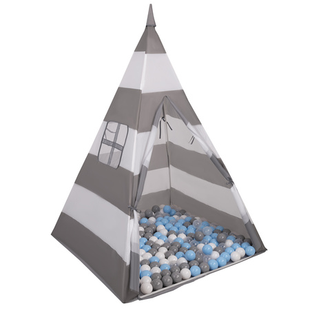 Tipi Tente de Jeu avec Balles Maison de Jeu pour Enfants, grises et blanches rayures:gris/blanc/transp/bblue, 100 Balles