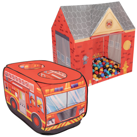 Tente De Jeu Pompier pour Enfants Set De Jeu Camion Et Caserne De Pompiers Pour Enfants Avec Boules Pliables Intérieures Extérieures Jeu Coopératif Sensoriel Montessori, rouge : noir-blanc-bleu-rouge-jaune-turquoise, 100 balles