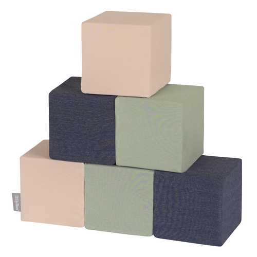 KiddyMoon blocs mous pour bébé cubes de construction en mousse, cubes: bleu foncé/beige/sage, 6 Pieces