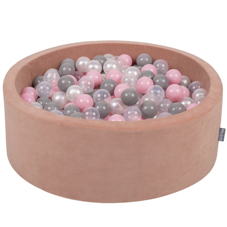 KiddyMoon Velours Piscine à Balles ∅7Cm pour Bébé Rond Fabriqué en EU, rose des sables: perle/gris/transparent/rose poudré, 90x30cm/200 balles