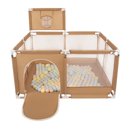 parc bébé avec balles plastiques aire de jeu pliable basket, beige : beige pastel/bleu pastel/jaune pastel/menthe, 400 balles