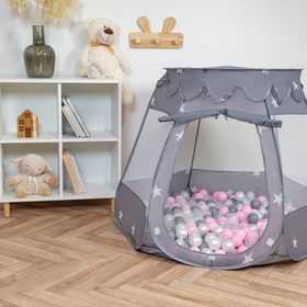 Tente Château Pour Enfants Tente de Jeu Avec Balles Colorées Jouet Cabane Pop-up Château Facile À Monter Maison de Jeu Pour Intérieur et Extérieur, gris: perle-gris-transparent-rose poudré, 105x90cm/100 balles