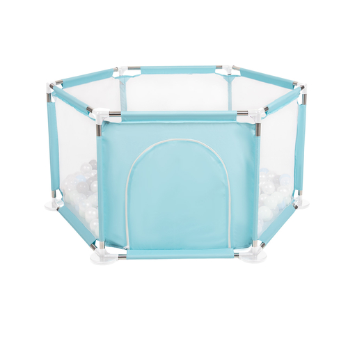 parc bébé hexagonal pliable avec balles plastiques, Mentha:perle/gris/transparent/babyblue/mentha, 900 balles